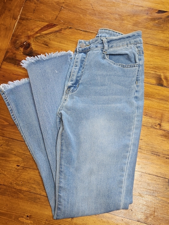 Denim - Light Blue High-Rise Wide Leg Jeans with Frayed Hem